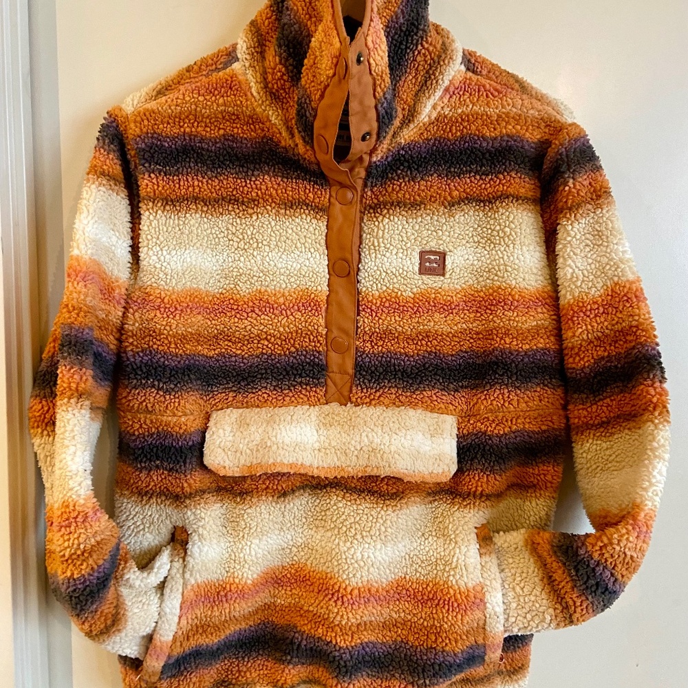 Billabong Striped Sherpa Pullover in Orange, Cream & Navy